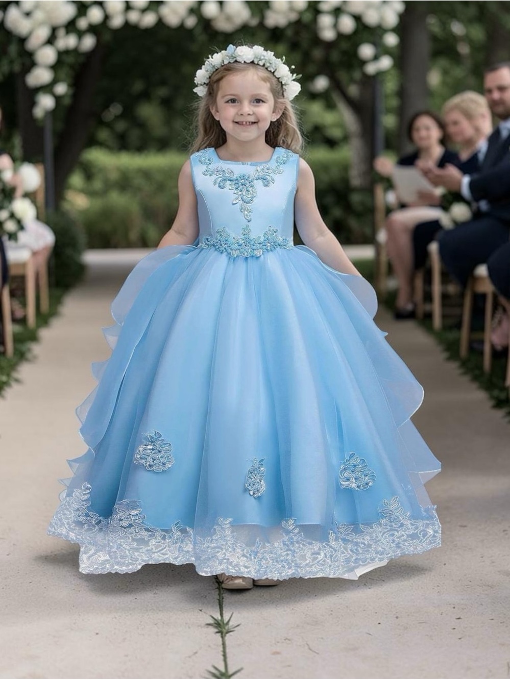 Blue Flower Girl Tulle Ball Gown Dress